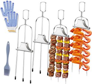 4PCS Kabob Skewers for Grilling, 14'' Stainless Steel Kebab Skewers, 3 Prong Metal Grill Skewer with Push Bar Slider